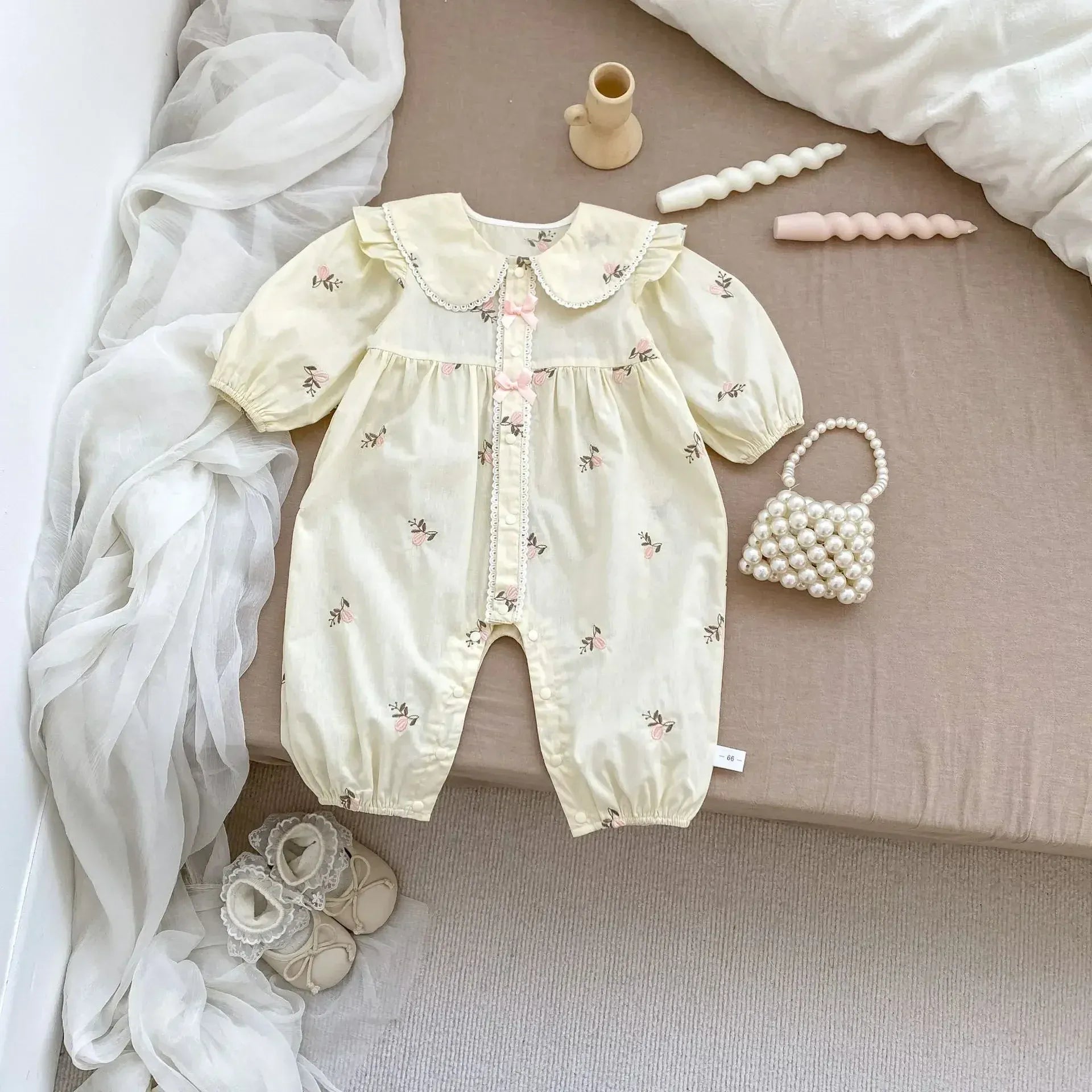 長袖セットアップ jumpsuit / 66cm 0-6m ベビーセットアップ 2点セット/ロンパース フラワー刺繍長袖チュニックブラウス＋ブルマパンツ/長袖ジャンプスーツ【mh0007411】
