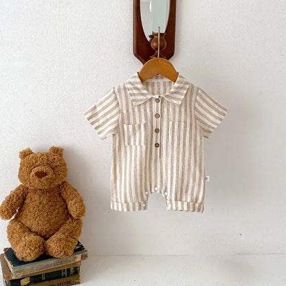 半袖ジャンプスーツ Khaki / 0-6M 66cm ベビージャンプスーツ 半袖ストライプ シャツオーバーオール つなぎ 2カラー【mh0005859】