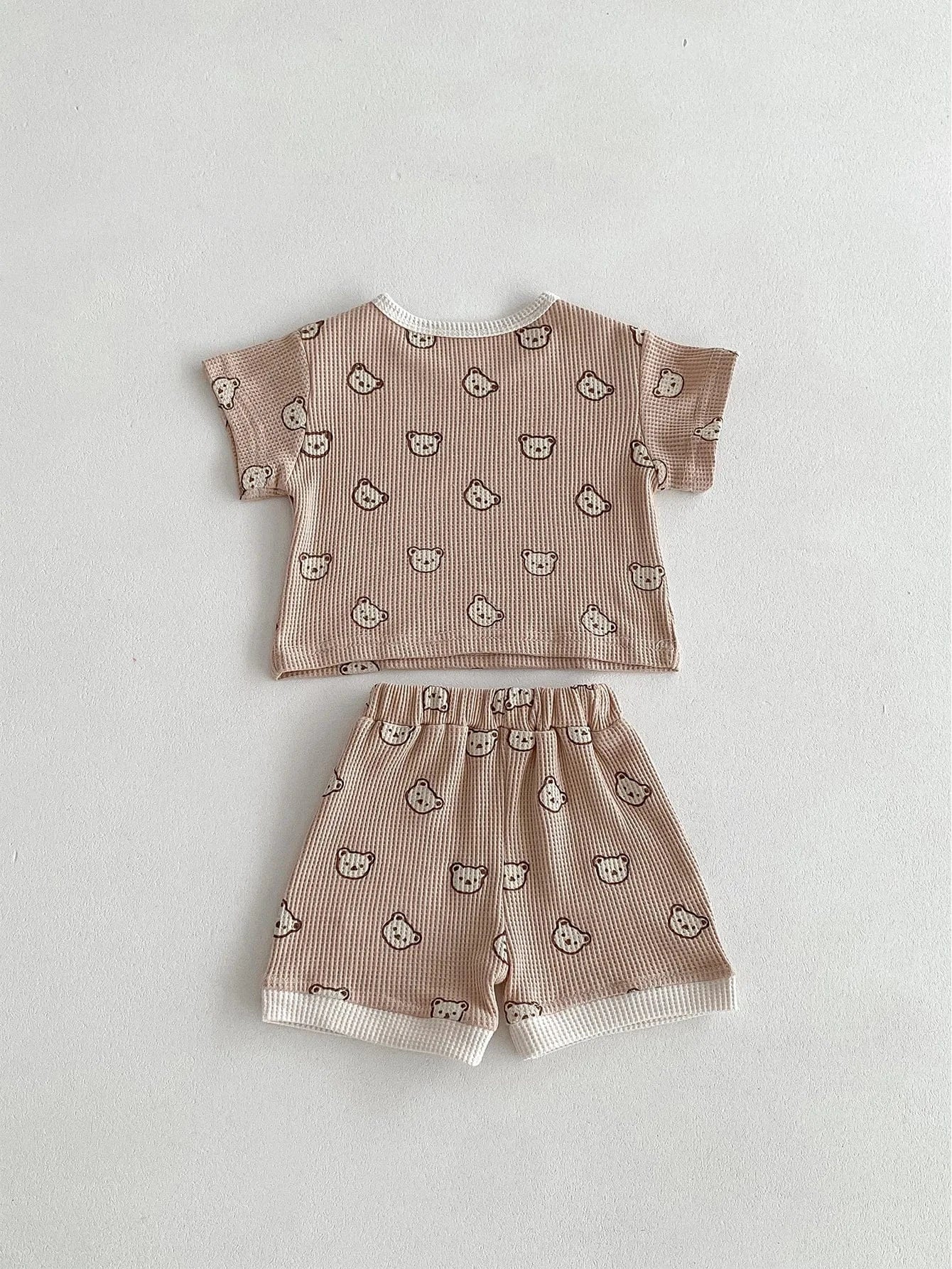 半袖セットアップ Khaki / 0-6M 66cm ベビーセットアップ 2点セット ワッフル 半袖Tシャツ+ショートパンツ ベアくまプリント 2カラー【mh0006168】