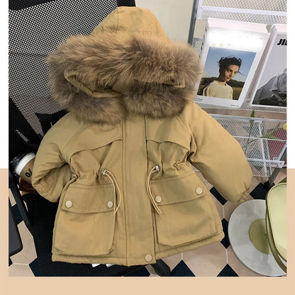 ショートコート・ジャケット・ジャンパー Khaki / 100cm キッズアウター 裏ボアフリース フード付き ロングコート ジャケット カーキ/ピンク/2カラー【mh0004174】