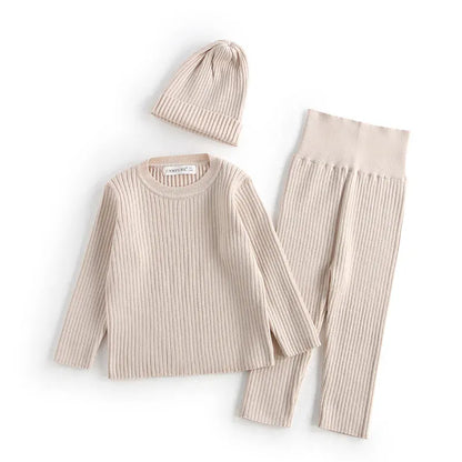 長袖セットアップ Khaki / 100cm ベビーキッズセットアップ 3点セット 長袖パジャマセット 長袖リブTシャツ+ハイウェストリブパンツ+ニットキャップ帽子【mh0008504】