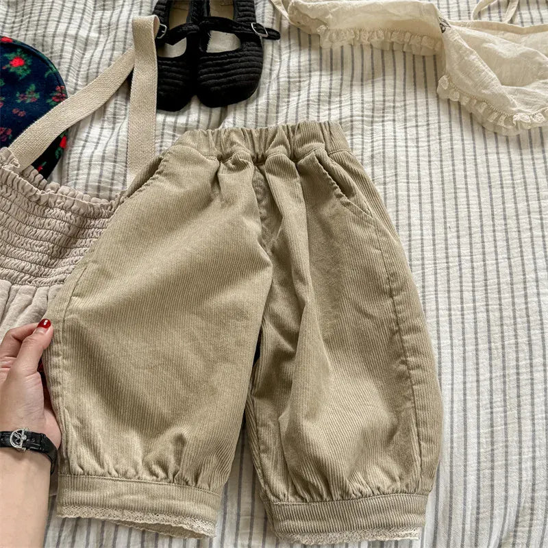 ロングパンツ・スウェットパンツ khaki / 12M (80) キッズパンツ コーデュロイ裾レースバルーンパンツ 2カラー
