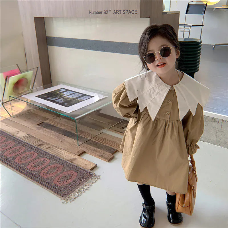 長袖ワンピース khaki / 12M  80cm キッズワンピース 長袖変わり襟ワンピース カーキ