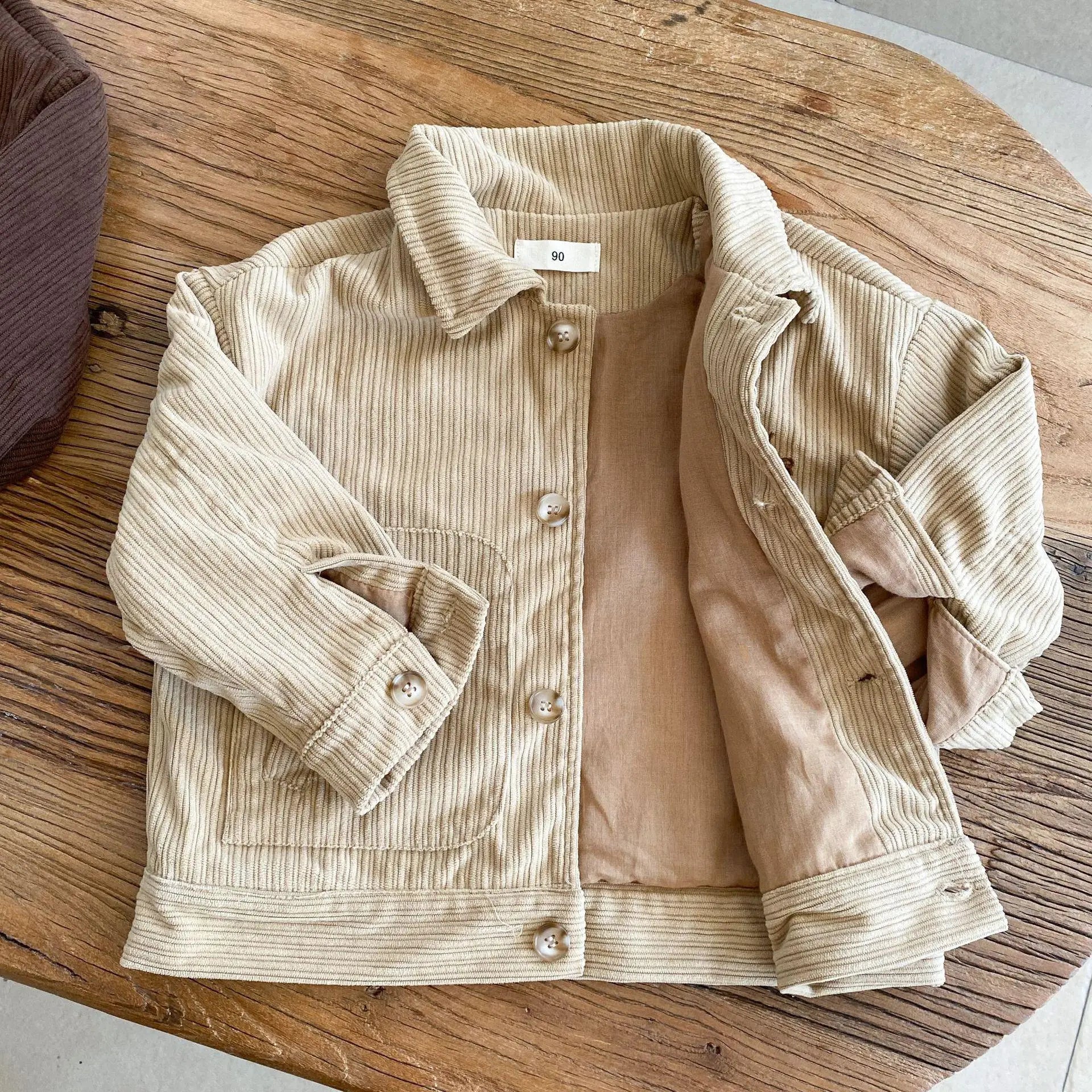 ショートコート・ジャケット・ジャンパー khaki / 12M  80cm キッズアウター コーデュロイ 襟付きジャケット レトロコート レターロゴ刺繍 2カラー