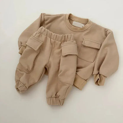 長袖セットアップ khaki / 12M  80CM キッズセットアップ 2点セット フラップポケット長袖スウェットシャツ+ロングスウェットパンツ【mh0008318】