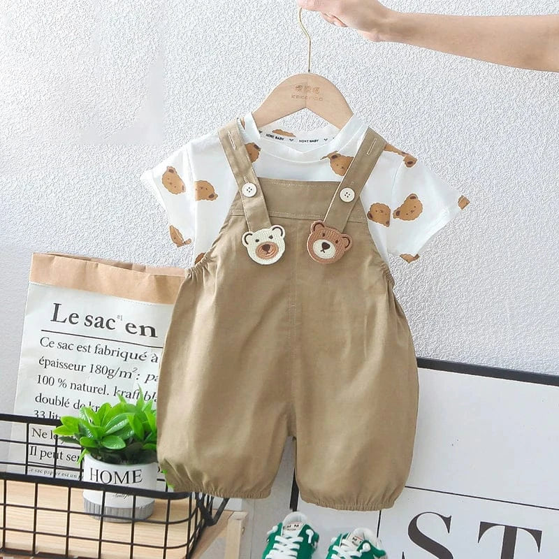半袖セットアップ Khaki / 12M 80cm キッズセットアップ 2点セット 半袖Tシャツ+オーバーオール ベアくま 2カラー【mh0006526】