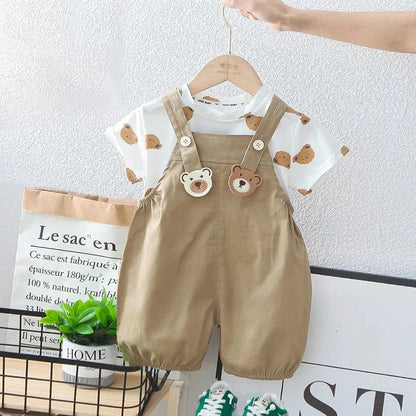 半袖セットアップ Khaki / 12M 80cm キッズセットアップ 2点セット 半袖Tシャツ+オーバーオール ベアくま 2カラー【mh0006526】