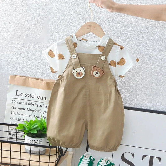 半袖セットアップ Khaki / 12M 80cm キッズセットアップ 2点セット 半袖Tシャツ+オーバーオール ベアくま 2カラー【mh0006526】