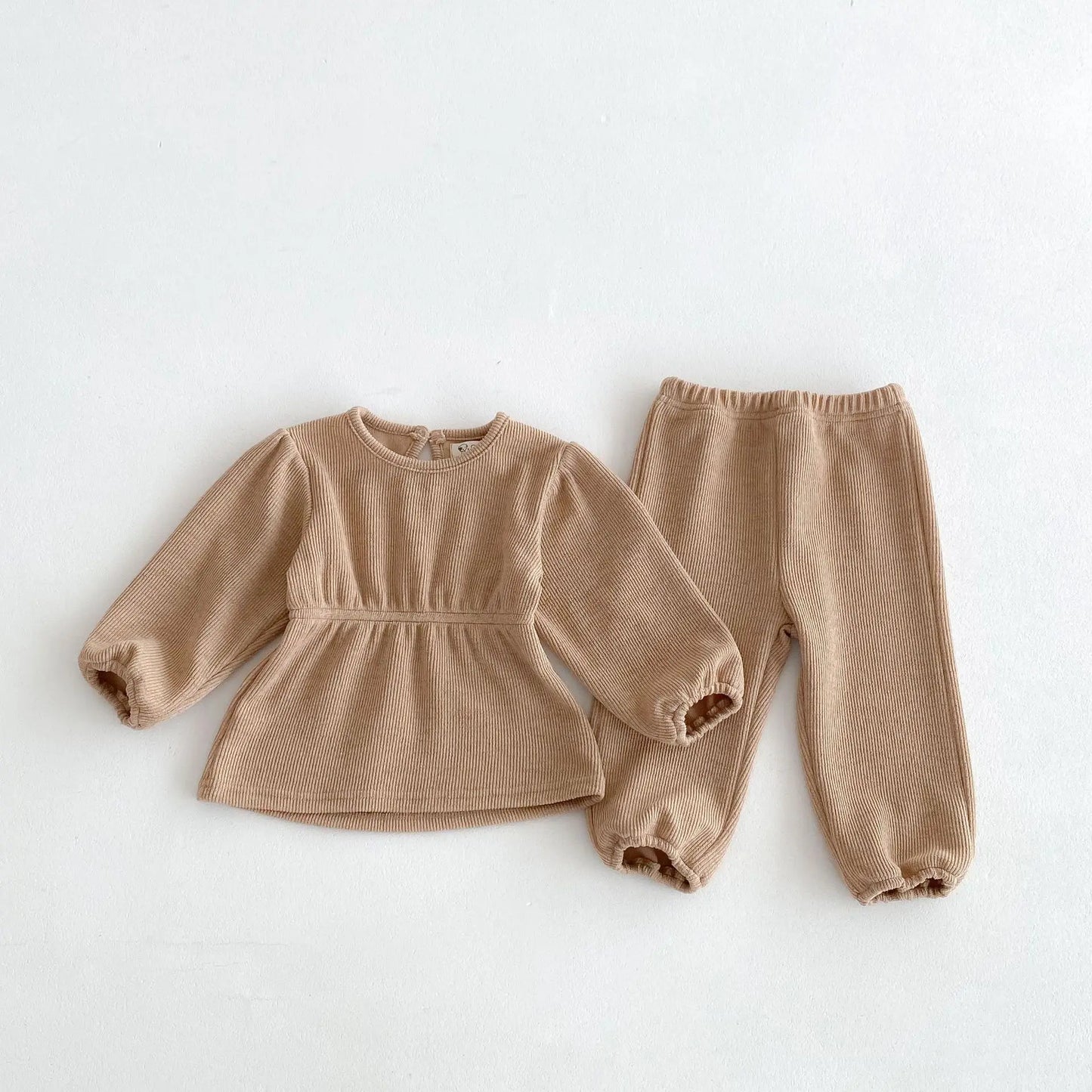 長袖セットアップ khaki / 12M  80CM キッズセットアップ 2点セット 長袖パフスリーブチュニックTシャツ+ロングパンツ 3カラー