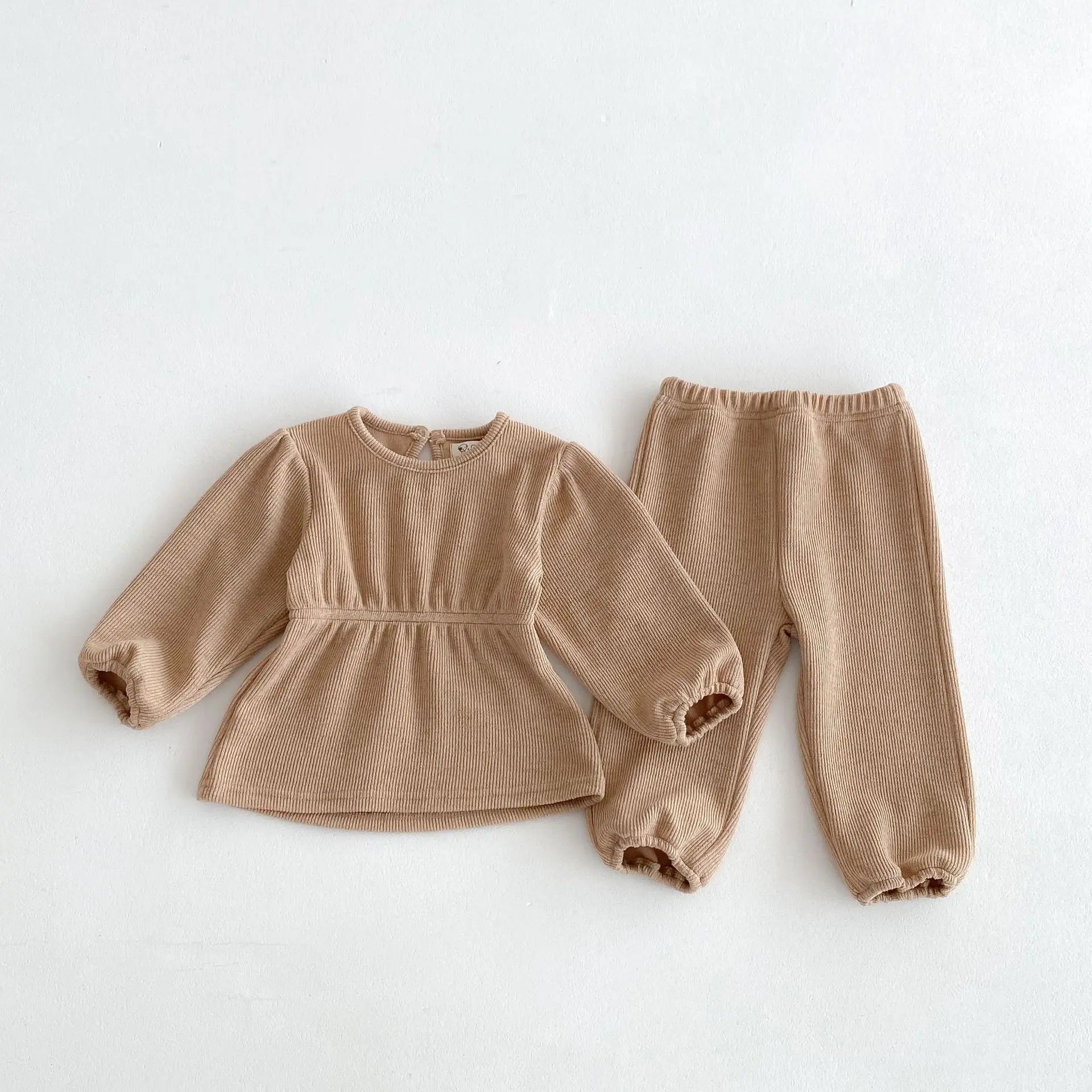 長袖セットアップ khaki / 12M  80CM キッズセットアップ 2点セット 長袖パフスリーブチュニックTシャツ+ロングパンツ 3カラー