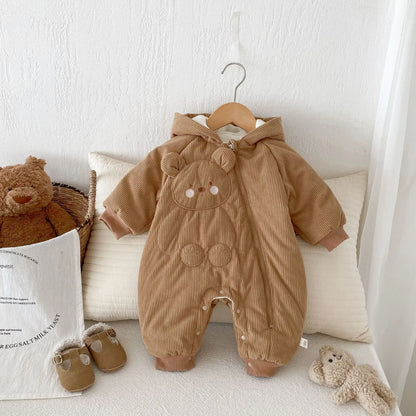 アウタージャンプスーツ Khaki / 66cm 0-6m ベビーアウタージャンプスーツ ベアくま刺繍コーデュロイフーディ厚手防寒ロンパース【mh0007668】