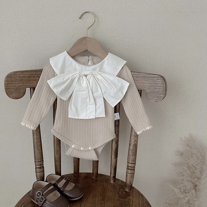 長袖ロンパース khaki / 66cm ベビー 長袖ロンパース ビッグリボン ニット ピンク カーキ 2カラー ガールズ 女の子 子供服