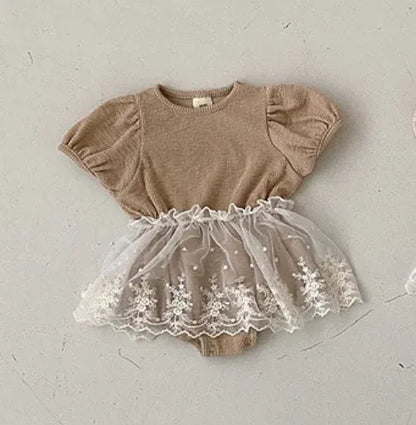 ロンパースセットアップ Khaki / 66cm ベビーロンパース レーススカートセット 半袖パフスリーブボディスーツ 2カラー【mh0005544】