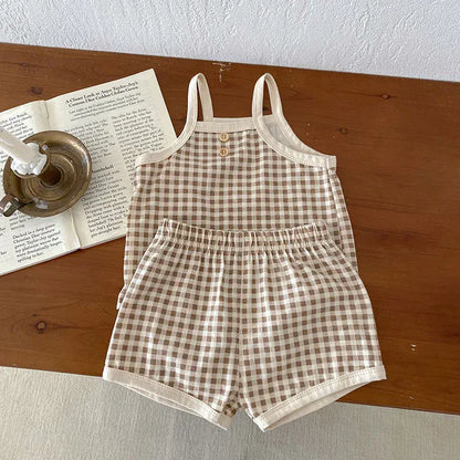 ノースリーブセットアップ khaki / 66cm / 取り寄せ（3〜14日） ☺︎ ベビーセットアップ 2点セット キャミソールトップス+ショートパンツ チェック インナーウェア