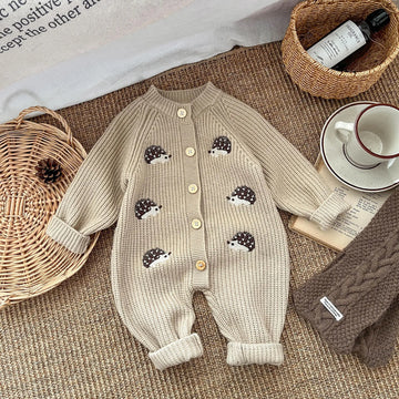 長袖ロンパース Khaki / 66cm 6M ベビーロンパース ヘッジホックハリネズミ刺繍長袖ニットジャンプスーツ【mh0008057】