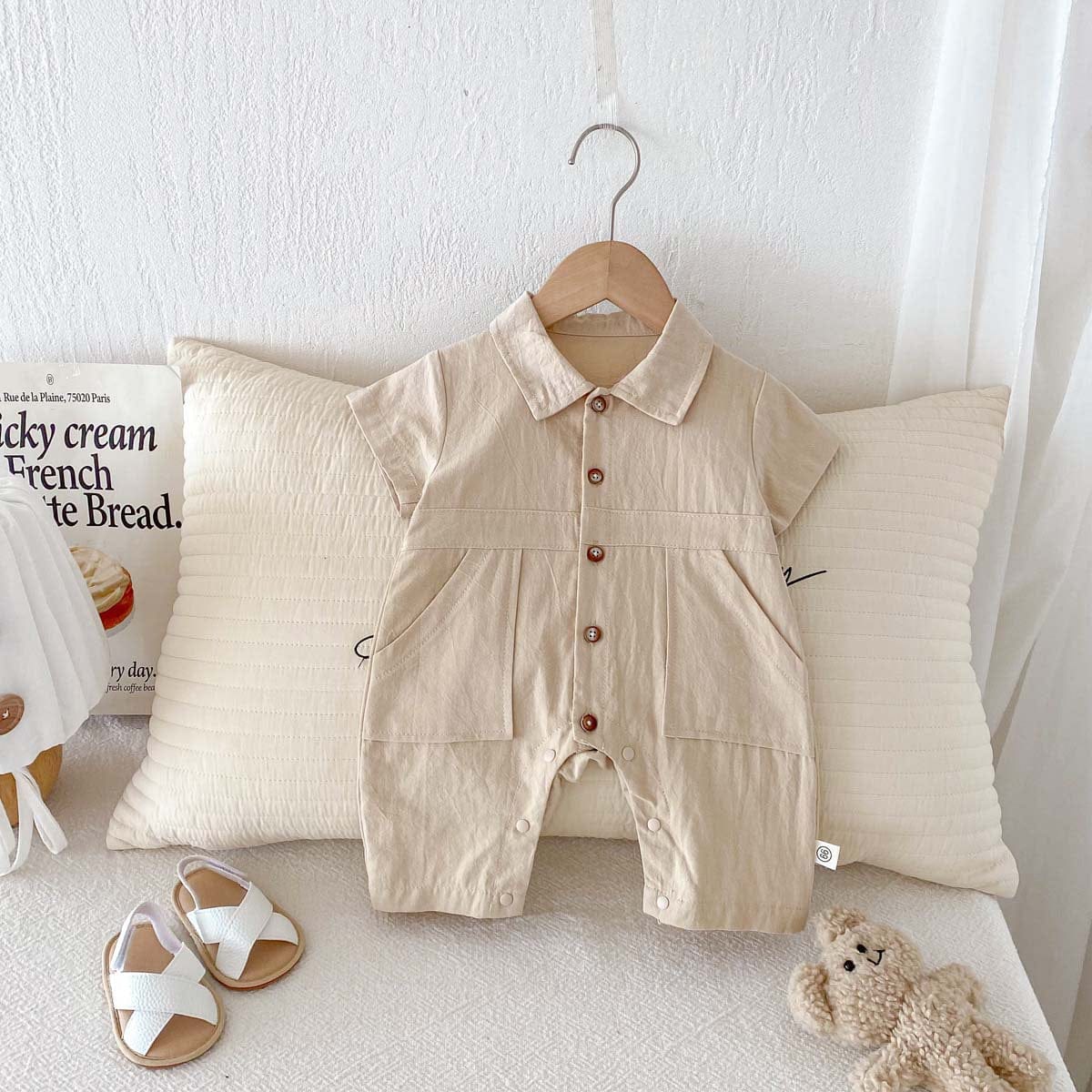 半袖ジャンプスーツ Khaki / 66cm シンプル半袖シャツジャンプスーツ【mh0009768】