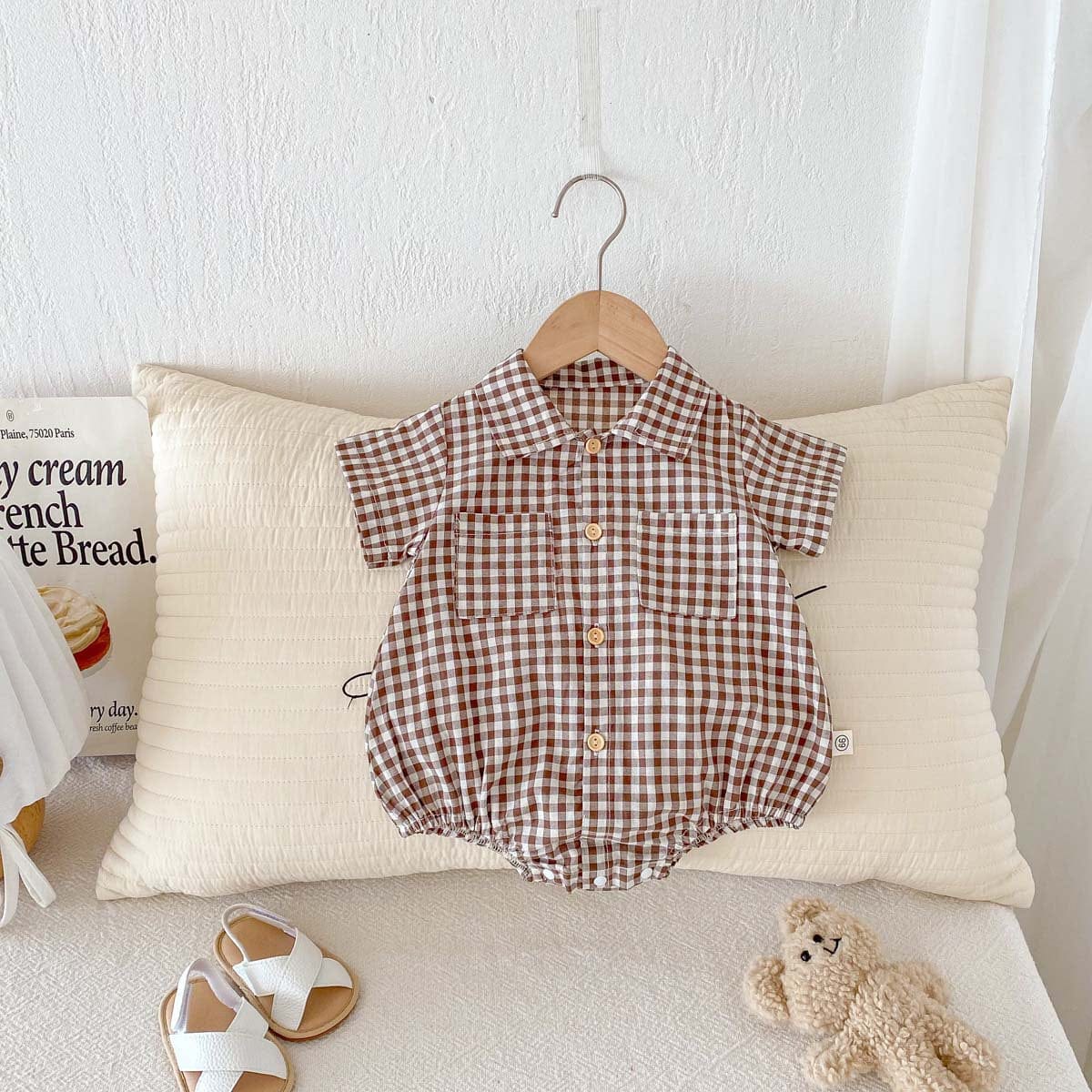 半袖ロンパース Khaki / 66cm ギンガムチェック半袖シャツロンパース【mh0009773】