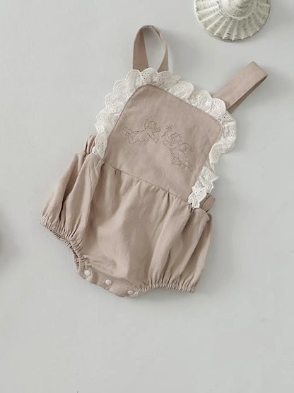 ノースリーブロンパース khaki / 6M  66cm ベビーロンパース サスペンダーボディスーツ ノースリーブカバーオール 天使エンジェル刺繍 2カラー