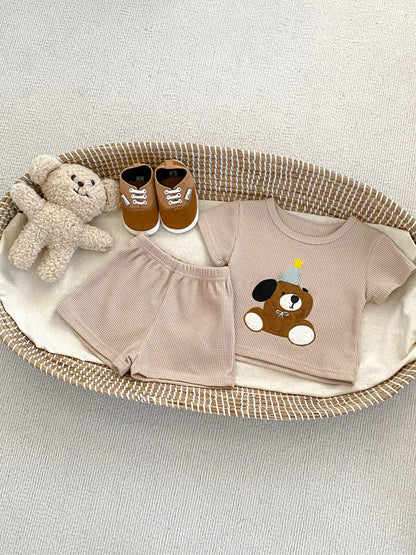 半袖セットアップ khaki / 6M  66cm ベビーセットアップ 2点セット ワッフル 半袖Tシャツ+ショートパンツ 犬ドッグ刺繍 2カラー