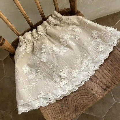 スカート Khaki / 6M  66CM ベビースカート レース チェック フラワー刺繍 Aラインスカート 2カラー【mh0006381】