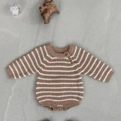 長袖ロンパース Khaki / 6M  66CM ベビーロンパース レトロボーダーニット長袖ボディスーツ【mh0007958】