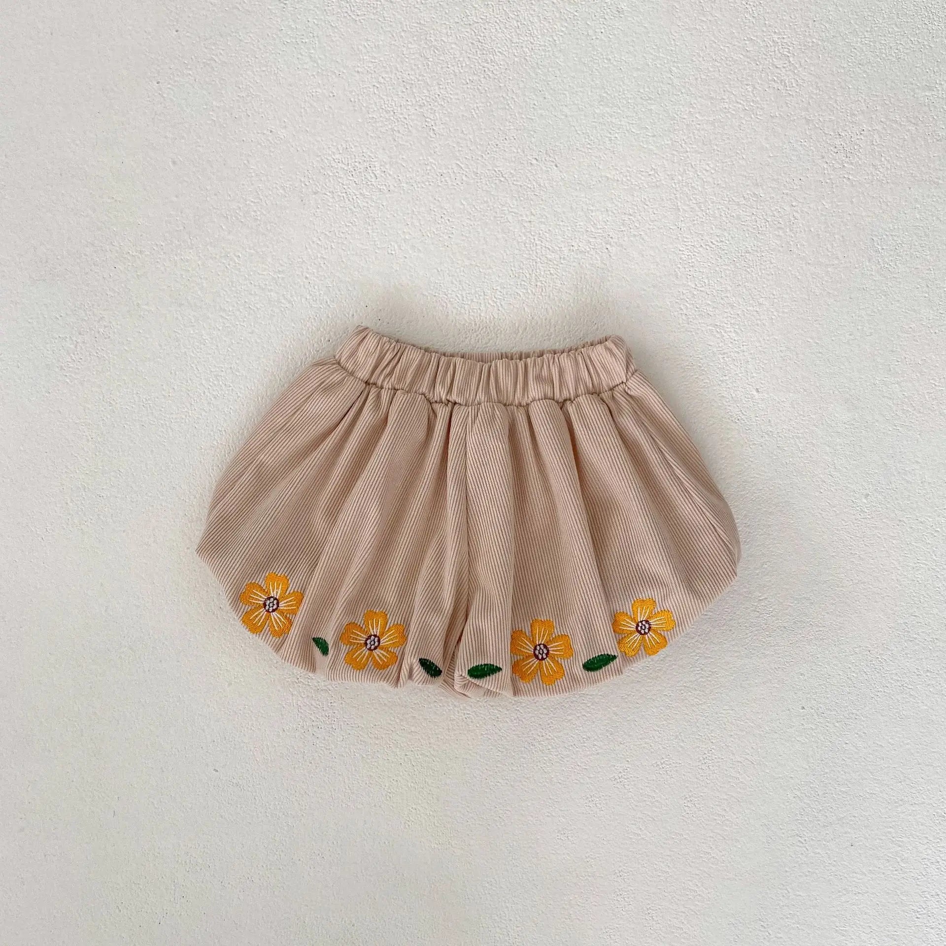 ハーフパンツ・ショートパンツ Khaki / 6M  66CM ベビートップス/パンツ 長袖パフスリーブTシャツブラウス/フラワー刺繍バルーンショートパンツ【mh0005211】