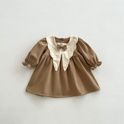 長袖ワンピース khaki / 73 for 6-9m ベビーキッズワンピース 長袖パフスリーブ 三角襟 リボン 2カラー