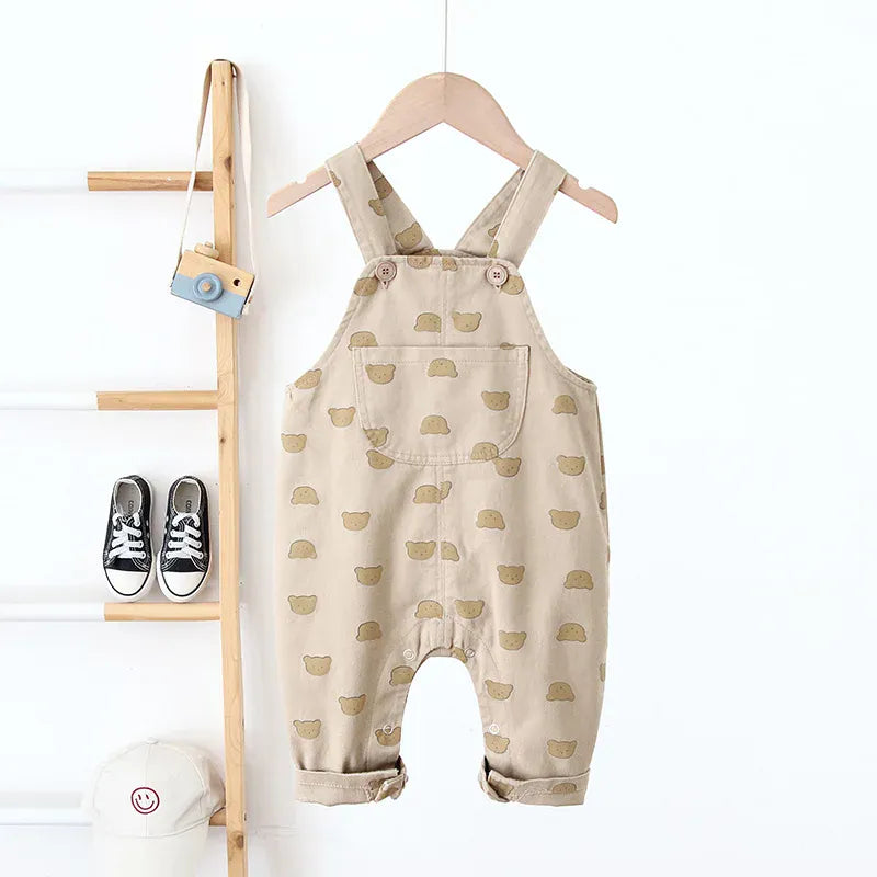 オーバーオール khaki / 73cm ベビーオーバーオール サスペンダーパンツ サロペット ベアくまプリント 2カラー
