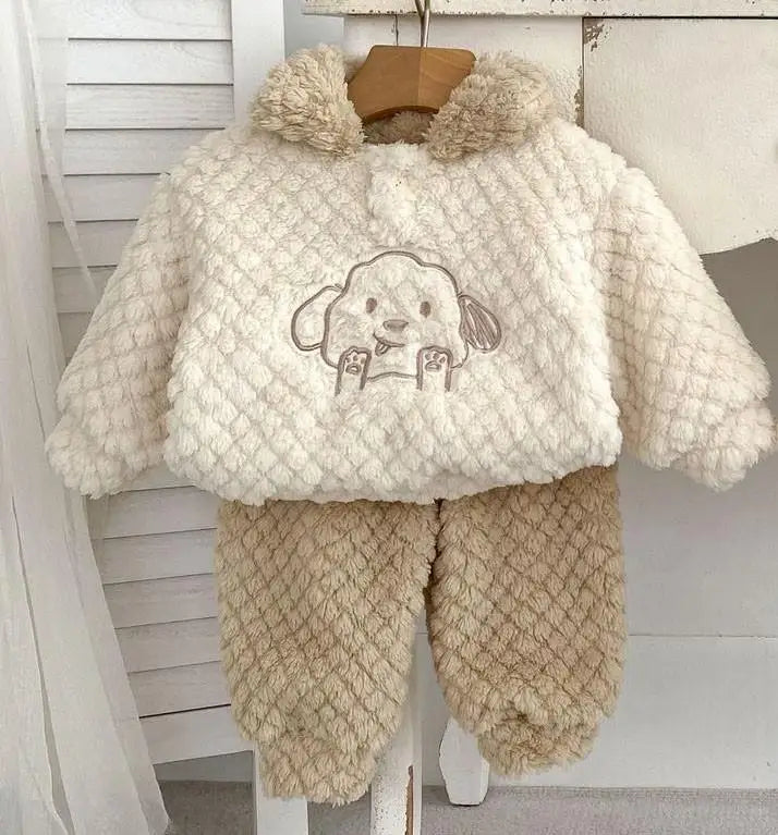 長袖セットアップ khaki / 73cm ベビーセットアップ 2点セット ボアフリース 襟付きトップス パンツ パピー 犬刺繍 2カラー ボーイズ 男の子 子供服