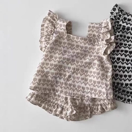 ノースリーブセットアップ Khaki / 73cm チューリップフリルショルダーブラウス+フリルショートパンツセットアップ 2点セット【mh0010367】