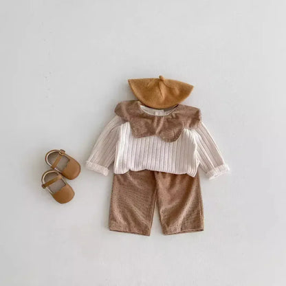 長袖セットアップ Khaki / 73cm ベビーセットアップ 2点セット フラワー襟長袖Tシャツカットソー+コーデュロイルーズロングパンツ【mh0006860】