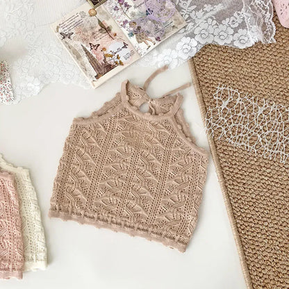 タンクトップ・キャミソール・ノースリーブトップス Khaki / 73cm ベビーキッズトップス レースニット キャミソール バックオープン 3カラー