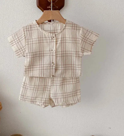 半袖セットアップ khaki / 73cm / 取り寄せ（3〜14日） ☺︎ ベビーセットアップ 2点セット 半袖シャツ+ショートパンツ チェック柄 2カラー