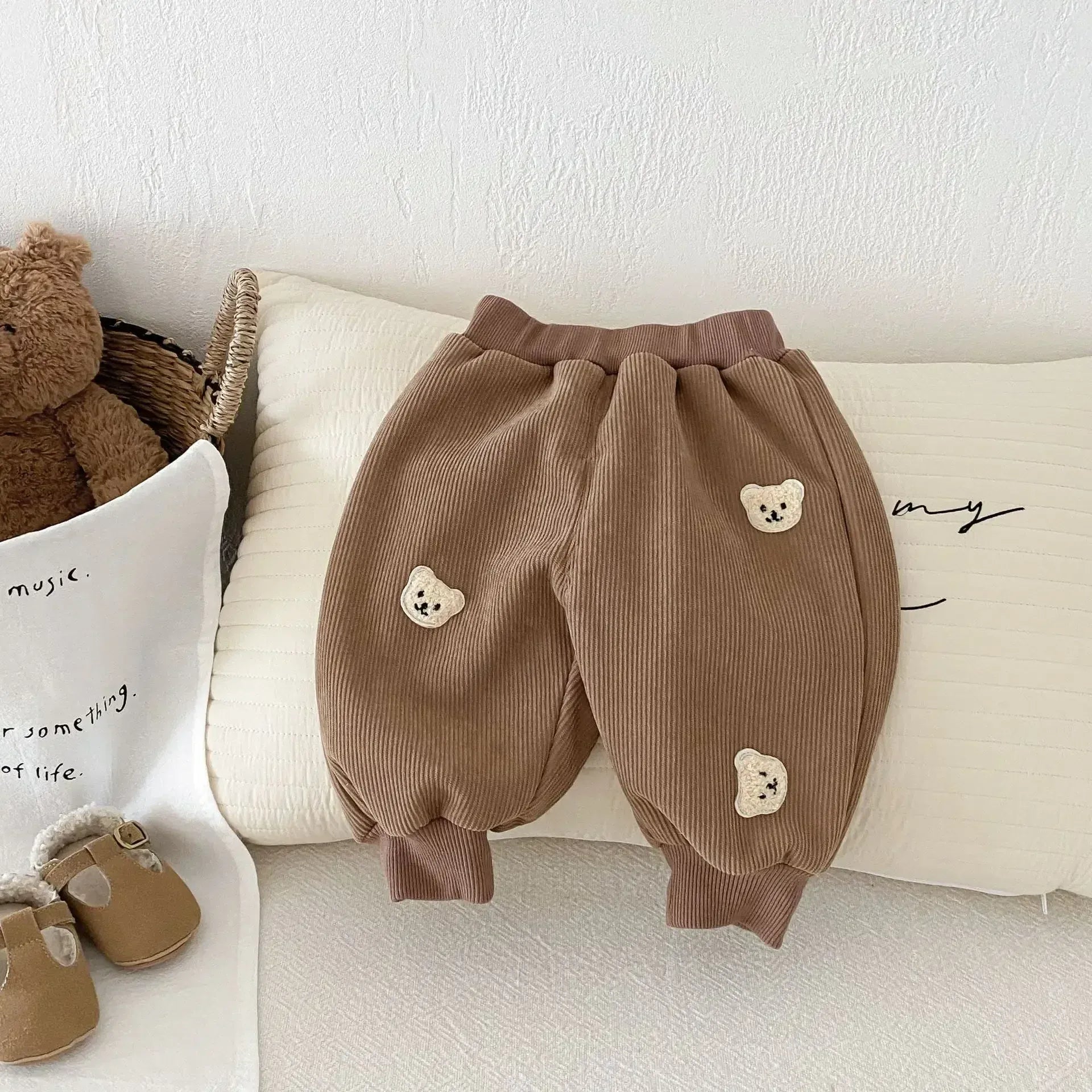 ロングパンツ・スウェットパンツ Khaki / 73cm 6-9M ベビーキッズパンツ くまベアワッペン裏フリースコーデュロイロングパンツ 2カラー【mh0007469】