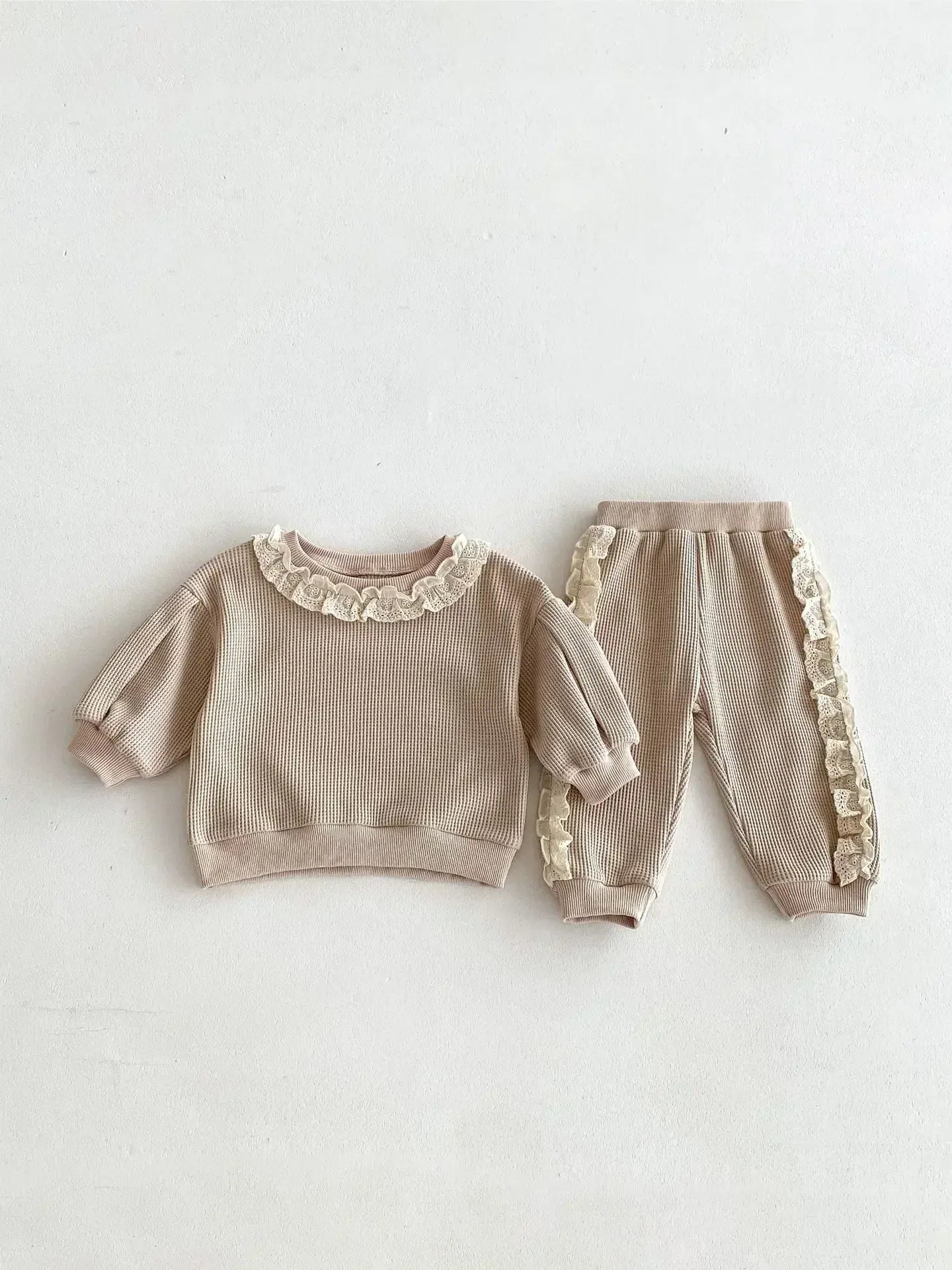 長袖セットアップ Khaki / 73cm 6-9M ベビーキッズセットアップ 2点セット レースフリル長袖Tシャツ+サイドレースフリルロングパンツ 2カラー【mh0007181】