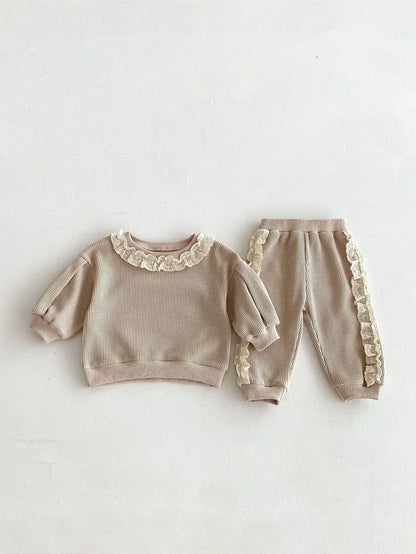 長袖セットアップ Khaki / 73cm 6-9M ベビーキッズセットアップ 2点セット レースフリル長袖Tシャツ+サイドレースフリルロングパンツ 2カラー【mh0007181】