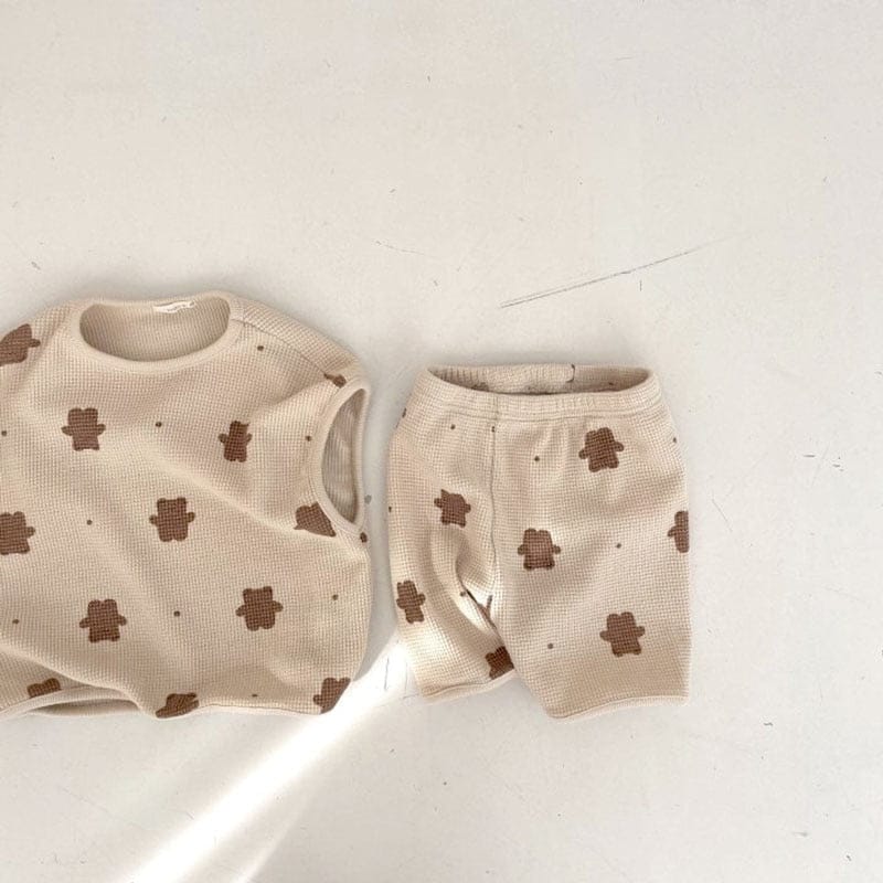 ノースリーブセットアップ Khaki / 73cm ベビー ワッフル セットアップ くま ベア ノースリーブ Tシャツ ショートパンツ ボーイズ【mh0002441】