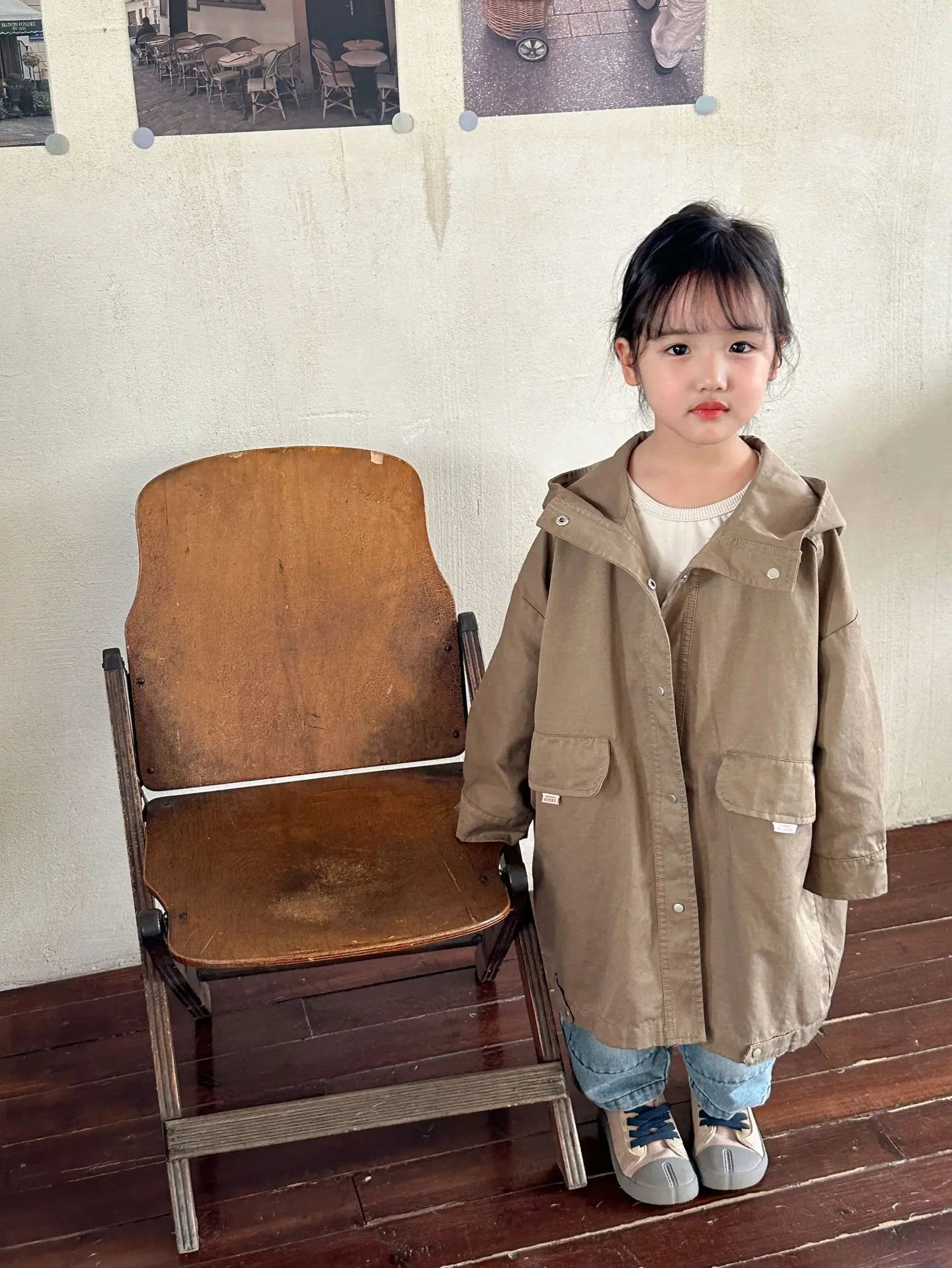 ロングコート khaki / 80cm / 取り寄せ（7〜21日） キッズアウター フーディロングコート フード付きモッズコート ベージュ カーキ 2カラー