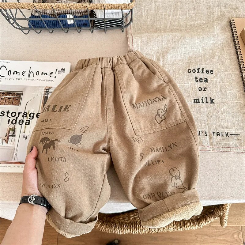 ロングパンツ・スウェットパンツ khaki / 80cm / 取り寄せ（7〜21日） キッズパンツ 裏フリース アニマルプリント ロングパンツ 暖パン カーキ ブルー 2カラー ボーイズ 男の子 子供服