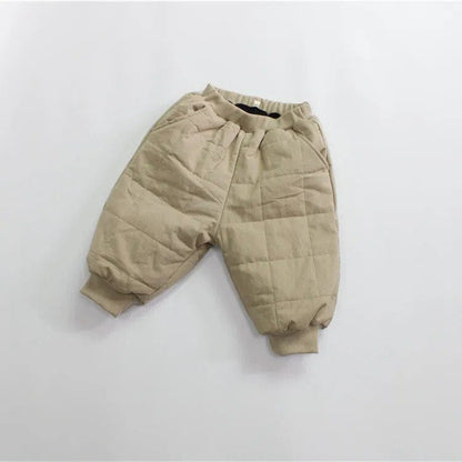キッズ用キルティング防寒パンツ カーキ系 裏フリース ゴムウエスト