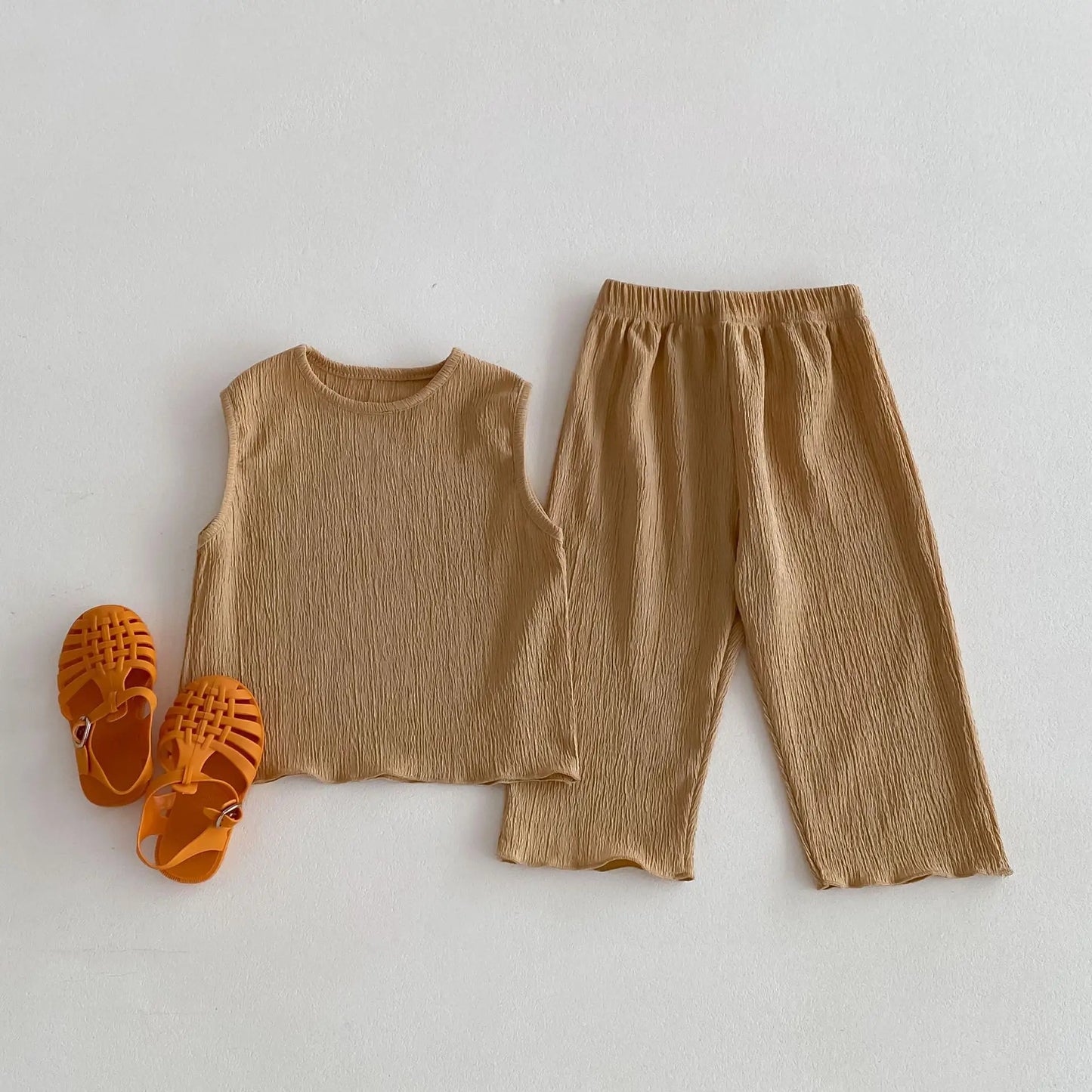 ノースリーブセットアップ khaki / 80cm 9-12m キッズセットアップ 2点セット ノースリーブTシャツ+ワイドルーズパンツ ルームウェア 3カラー
