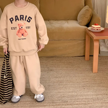 長袖セットアップ khaki / 90cm 1-2y / 取り寄せ（7〜21日） キッズセットアップ 2点セット スウェットシャツ トレーナー スウェットパンツ ベアくまプリント カーキ/ホワイト/2カラー
