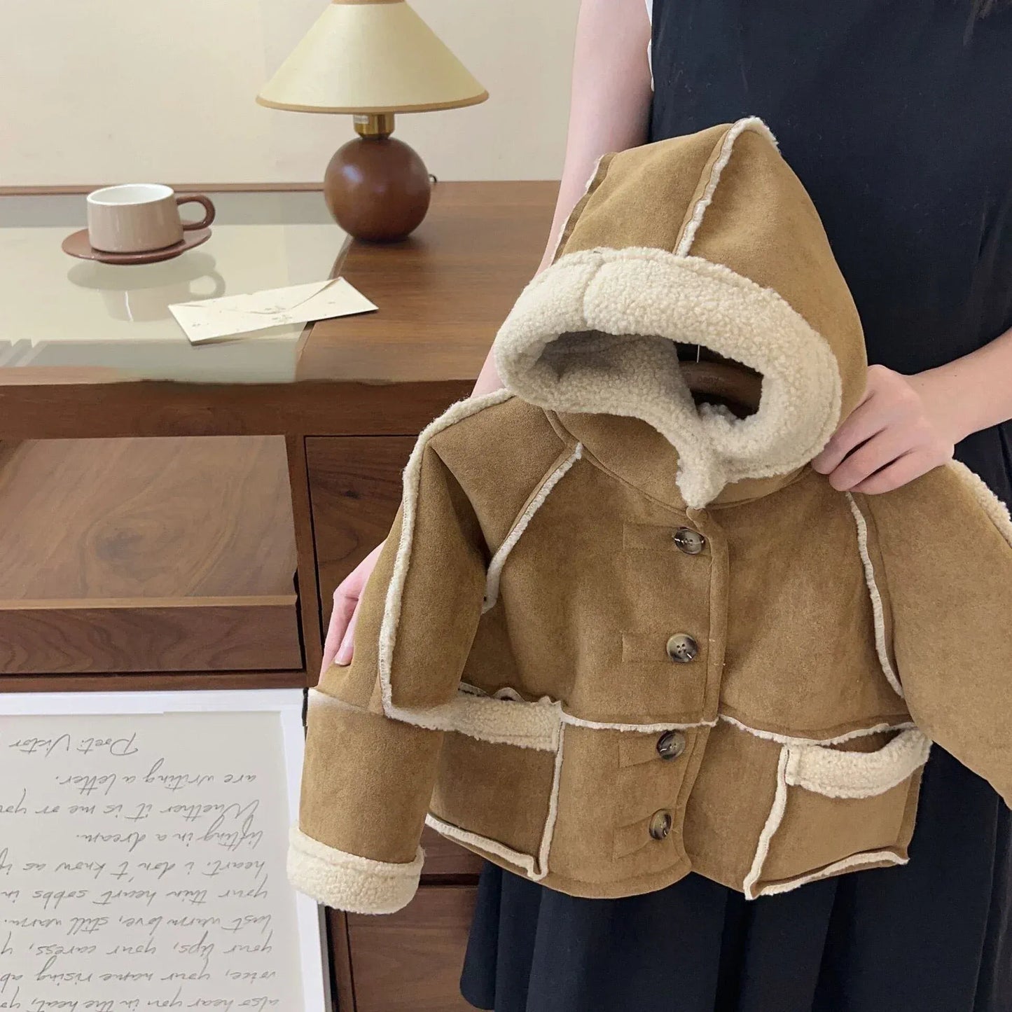 ショートコート・ジャケット・ジャンパー Khaki / 90cm 1-2y キッズアウター ボアフリースフーディフェイクムートンコート カーキ【mh0007263】