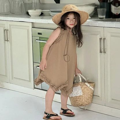 ノースリーブワンピース Khaki / 90cm キッズワンピース ノースリーブフリルワンピース アシメスカート 2カラー【mh0005999】