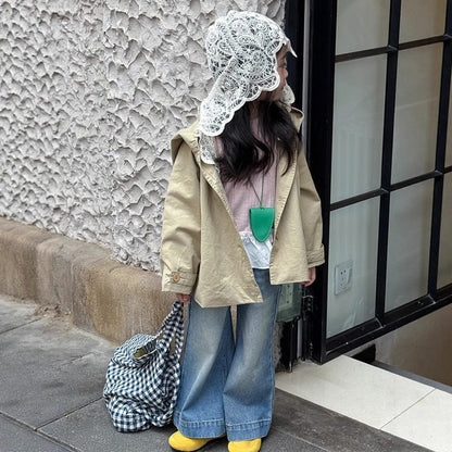 ショートコート・ジャケット・ジャンパー Khaki / 90cm レースフリル付きフードジャケット ゆったりAラインアウター【mh0011057】