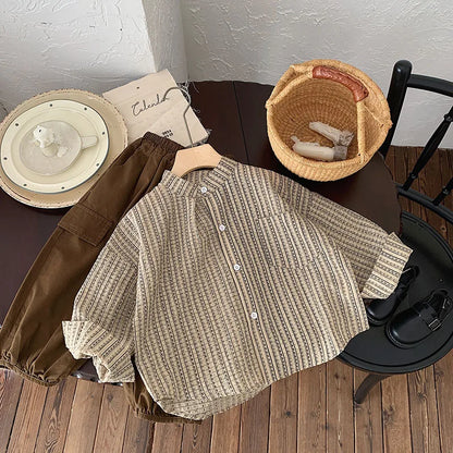 長袖シャツ・ブラウス Khaki / 90cm キッズトップス 長袖シャツ ノーカラードレスシャツ 幾何学ストライププリント【mh0004221】