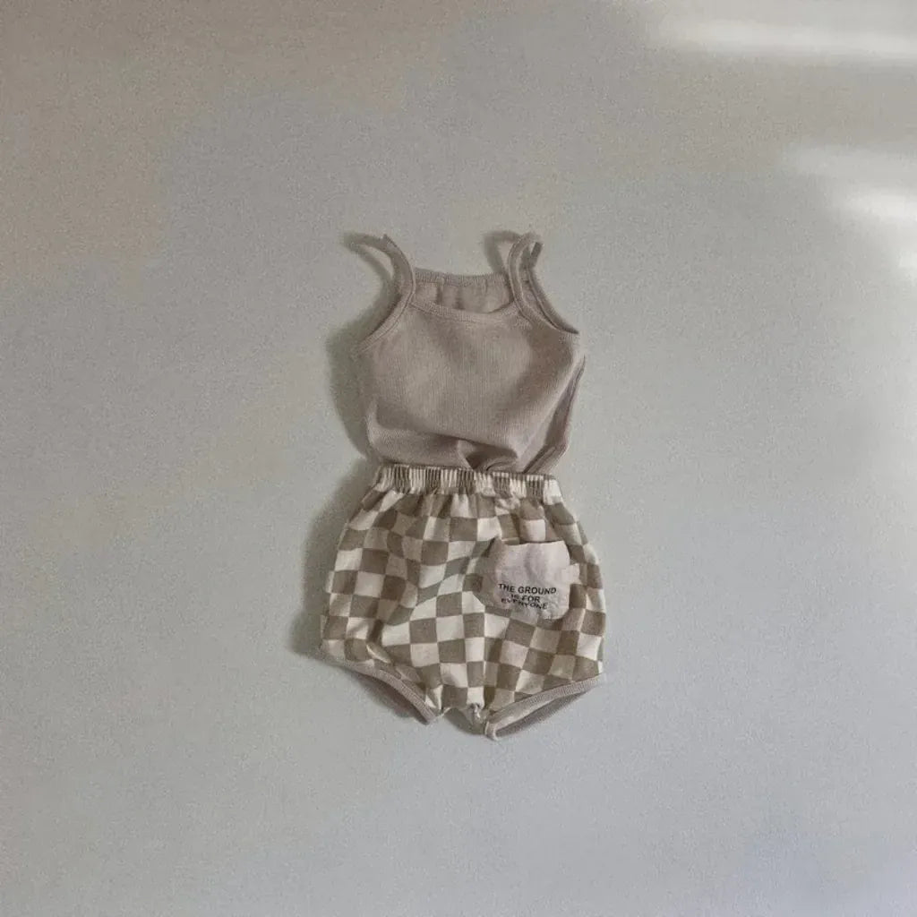 ノースリーブセットアップ Khaki / 9M 73cm ベビーセットアップ 2点セット キャミソール+チェックブルマパンツ 3カラー【mh0006031】