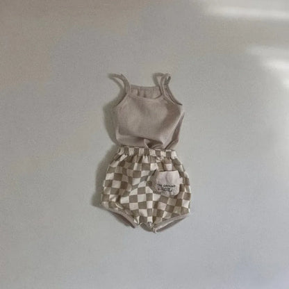 ノースリーブセットアップ Khaki / 9M 73cm ベビーセットアップ 2点セット キャミソール+チェックブルマパンツ 3カラー【mh0006031】