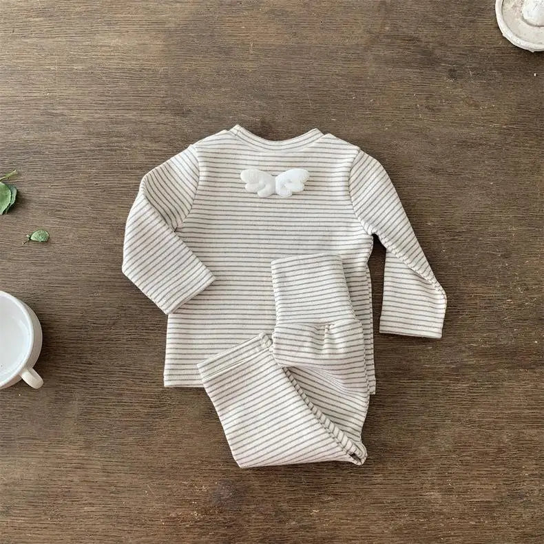 長袖セットアップ Khaki / 9M  73CM ベビーセットアップ 2点セット ボーダー天使の羽根長袖Tシャツ+ハイウェストパンツ 2カラー【mh0007212】