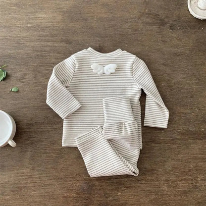 長袖セットアップ Khaki / 9M  73CM ベビーセットアップ 2点セット ボーダー天使の羽根長袖Tシャツ+ハイウェストパンツ 2カラー【mh0007212】